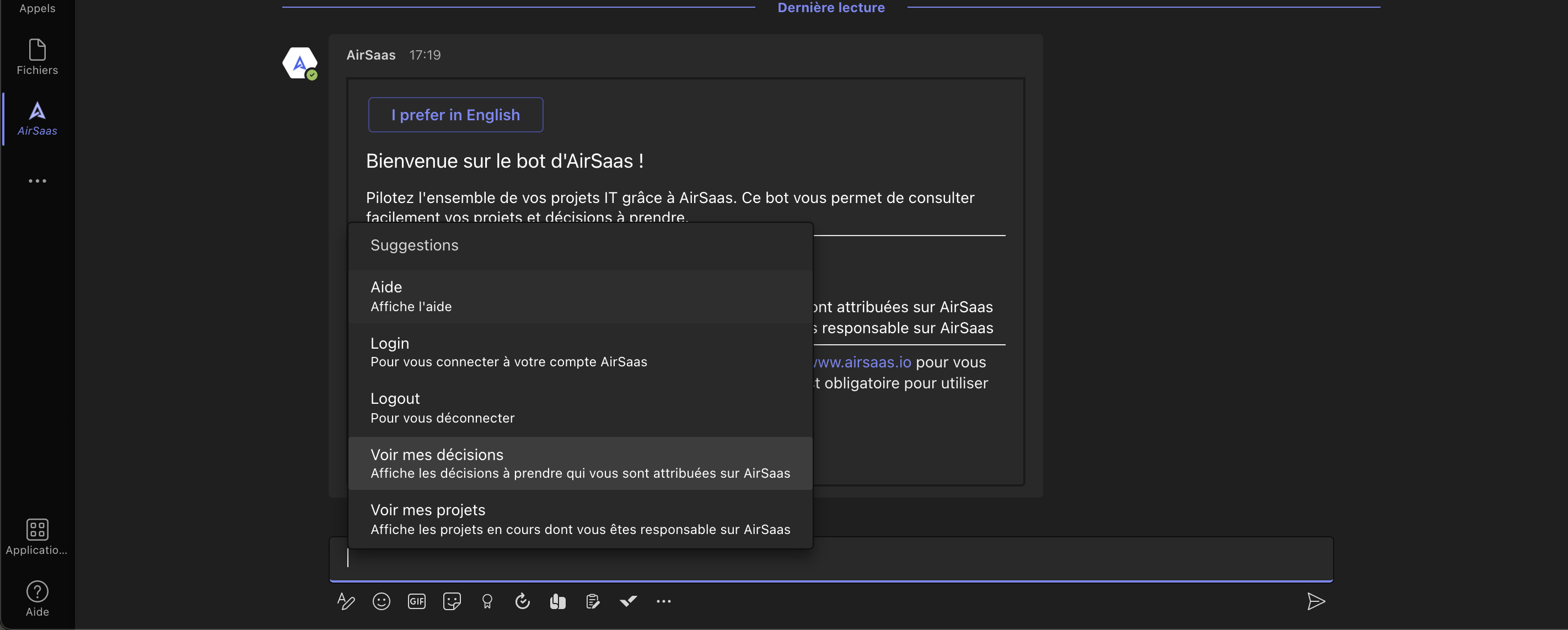 AirSaas / Teams screenshot récupération de décisions à prendre