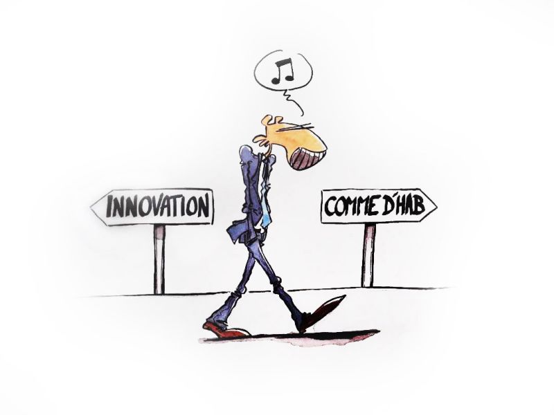 Jefe de proyecto / PMO dudando entre innovación y lo de siempre. Fuente: FX Dessinateur.