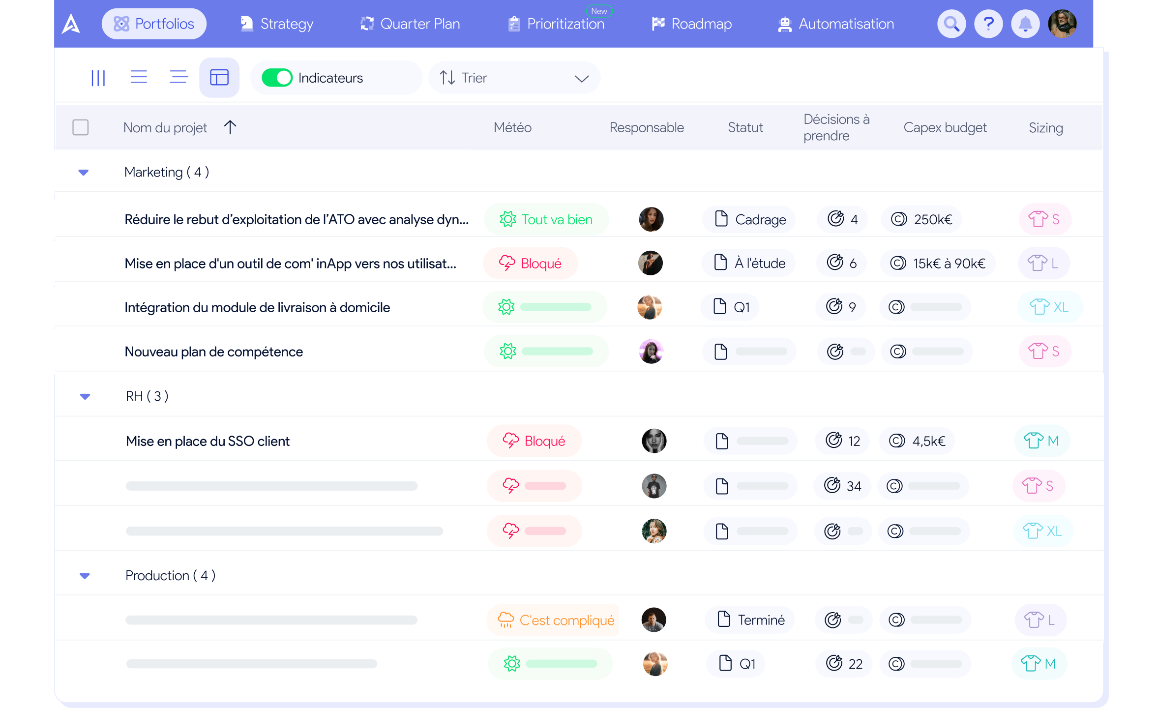 Cuadro de mando de gestión de cartera de proyectos — interfaz AirSaas