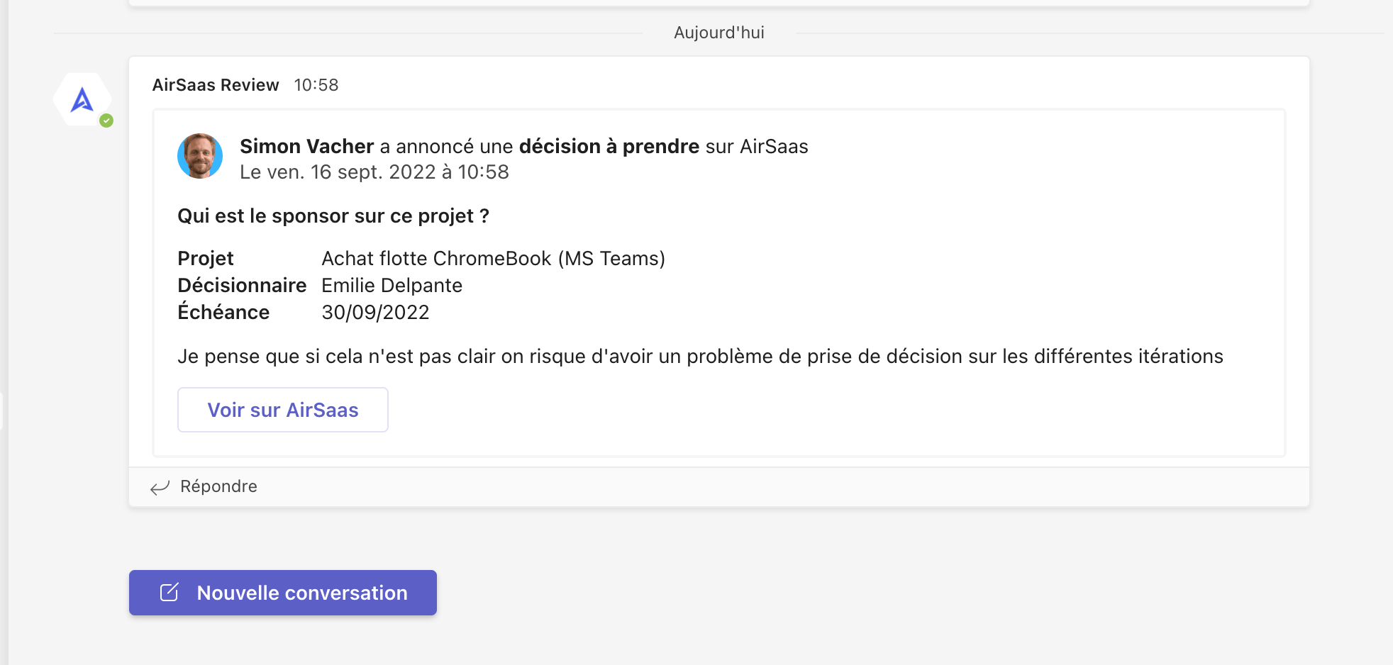 Decisión que tomar de AirSaas compartida automáticamente en un canal de Microsoft Teams