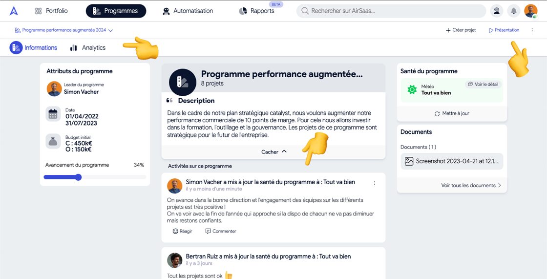 Capture de la page programme AirSaas avec le flux de mises à jour de la météo du programme