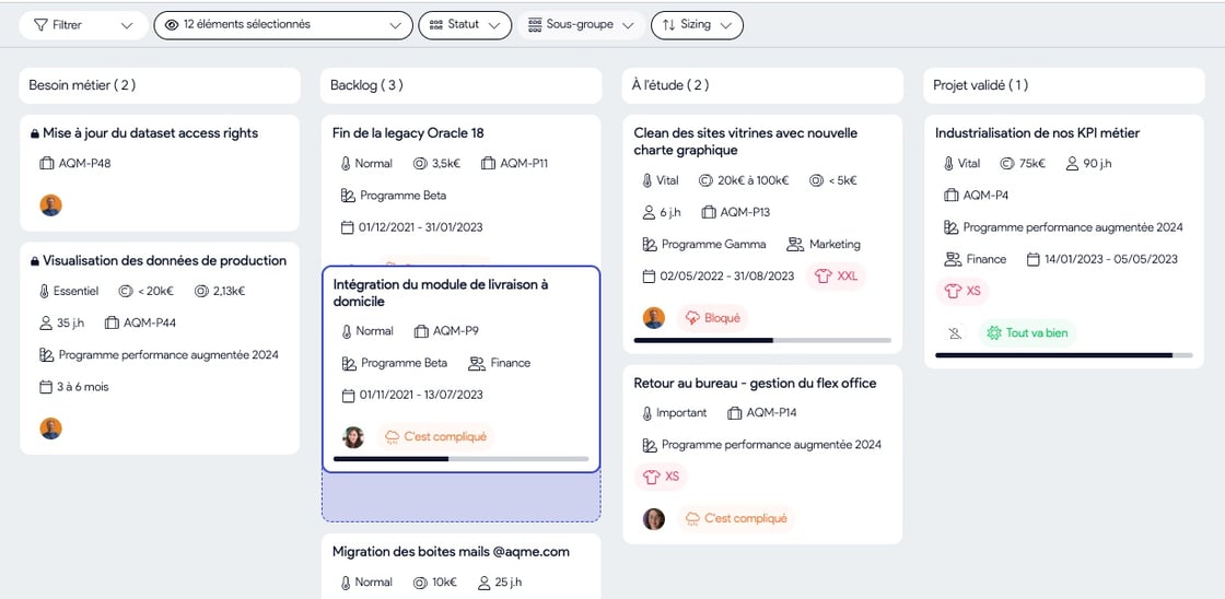 Capture du glisser-déposer d’un projet d’une colonne à une autre sur le kanban du portfolio AirSaas