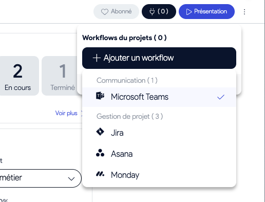 Capture d’écran AirSaas — créer un workflow en choisissant le canal Teams à synchroniser