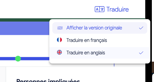 Capture d’écran AirSaas — fonctionnalité « traduire en … » pour afficher un contenu dans la langue de son choix
