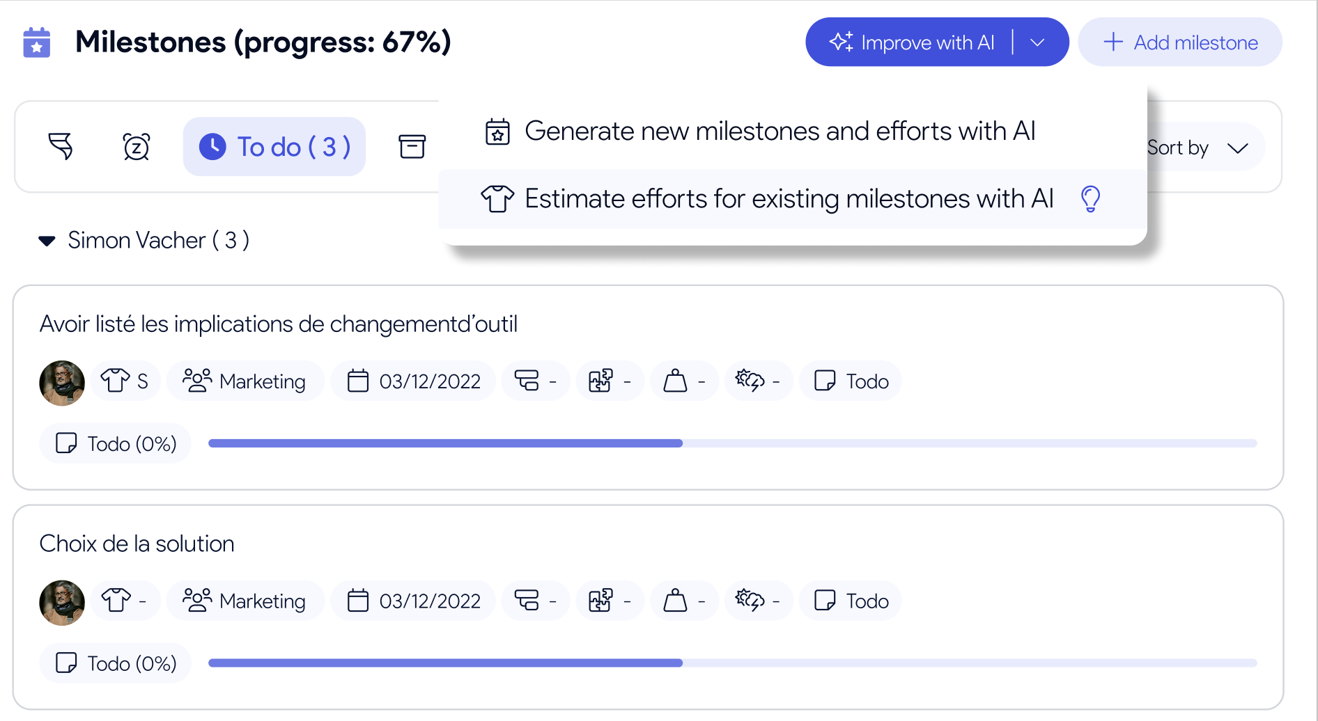 Assistant IA AirSaas — effort suggéré pour les jalons d’un projet