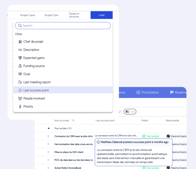 Vue portfolio AirSaas — dernier succès et dernier compte rendu d’un projet
