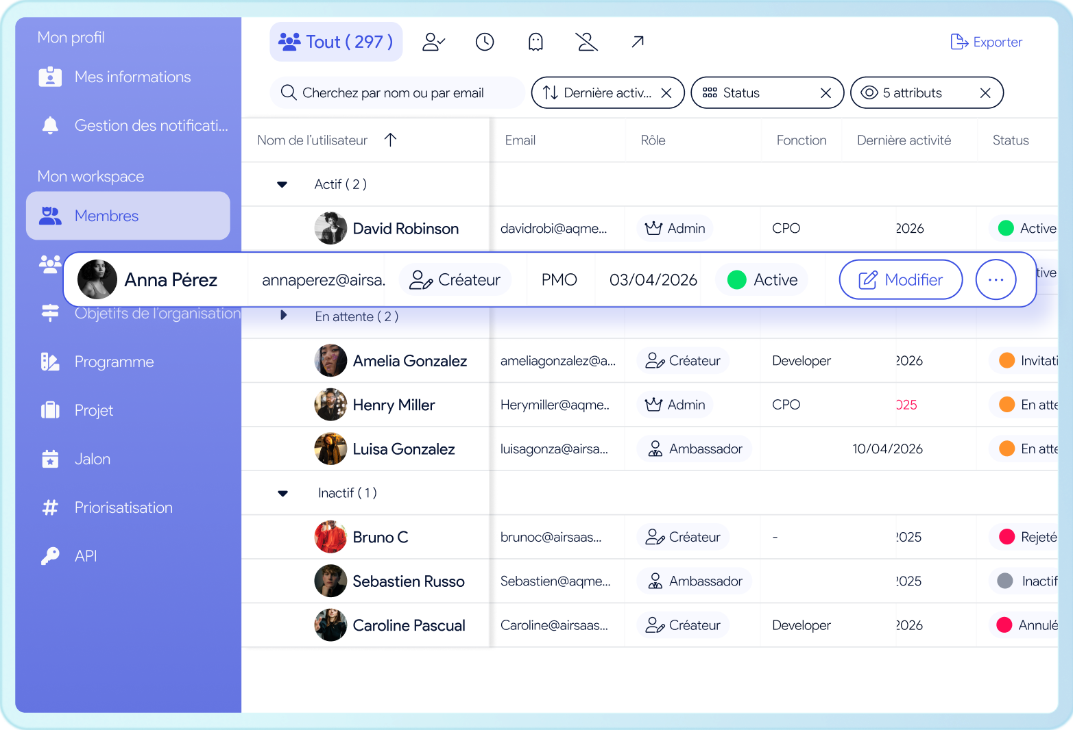Page Membres AirSaas — gestion des utilisateurs en vue tableur