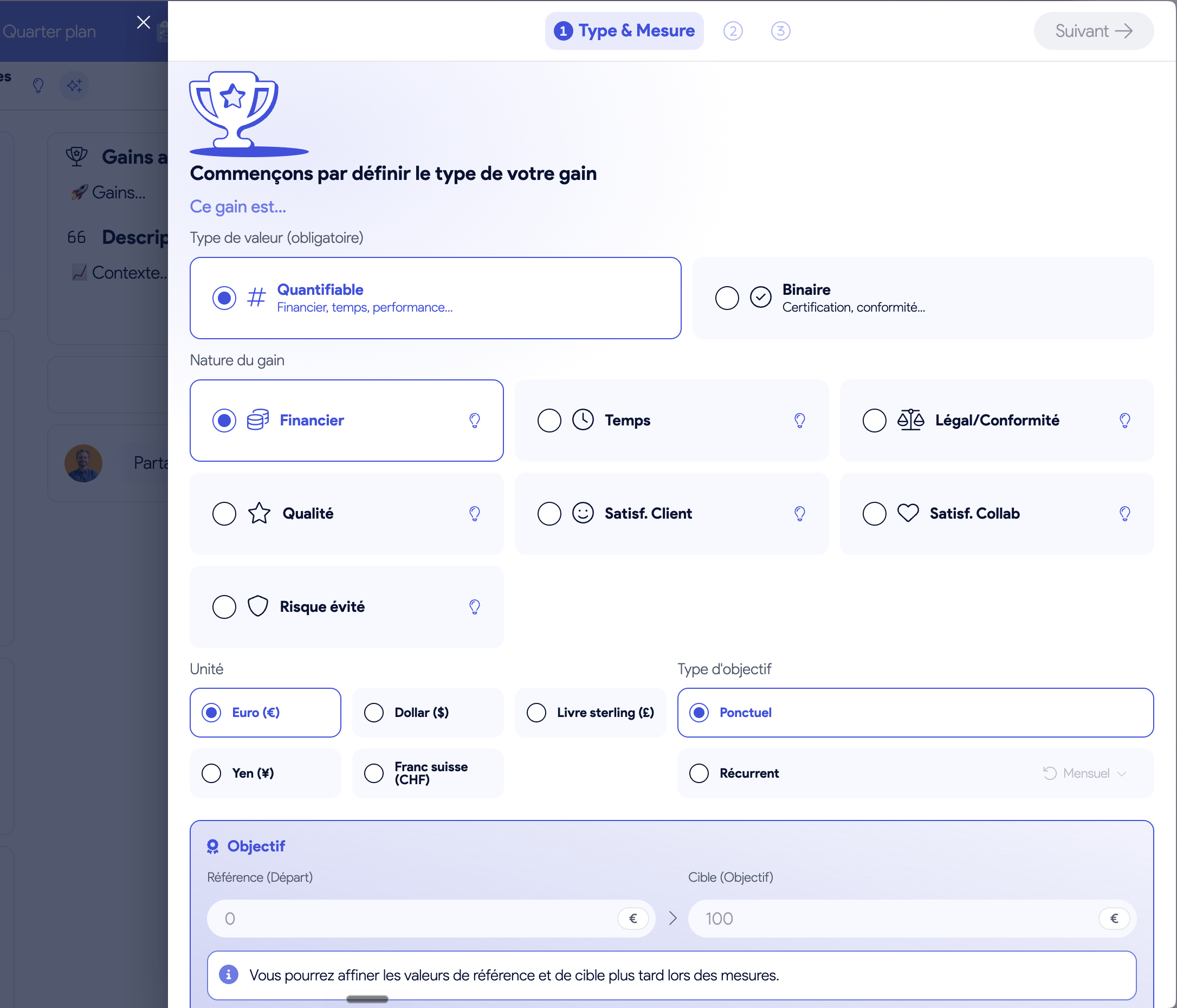 Module Gains AirSaas — choix du type de valeur, de l’unité et de la cible