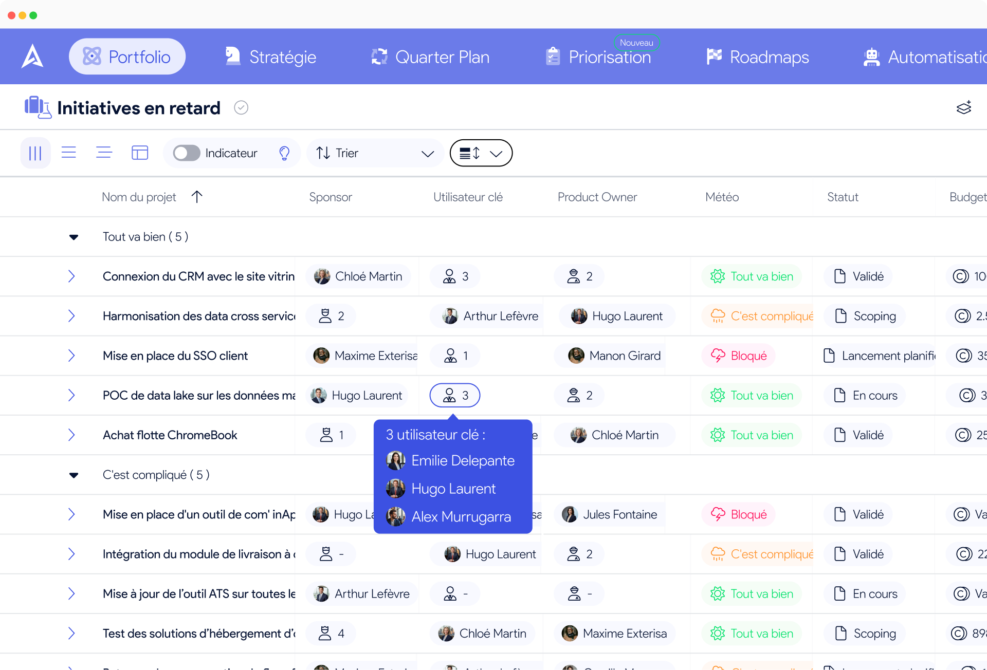 Vue portfolio AirSaas — sélection des rôles projet à afficher en colonnes