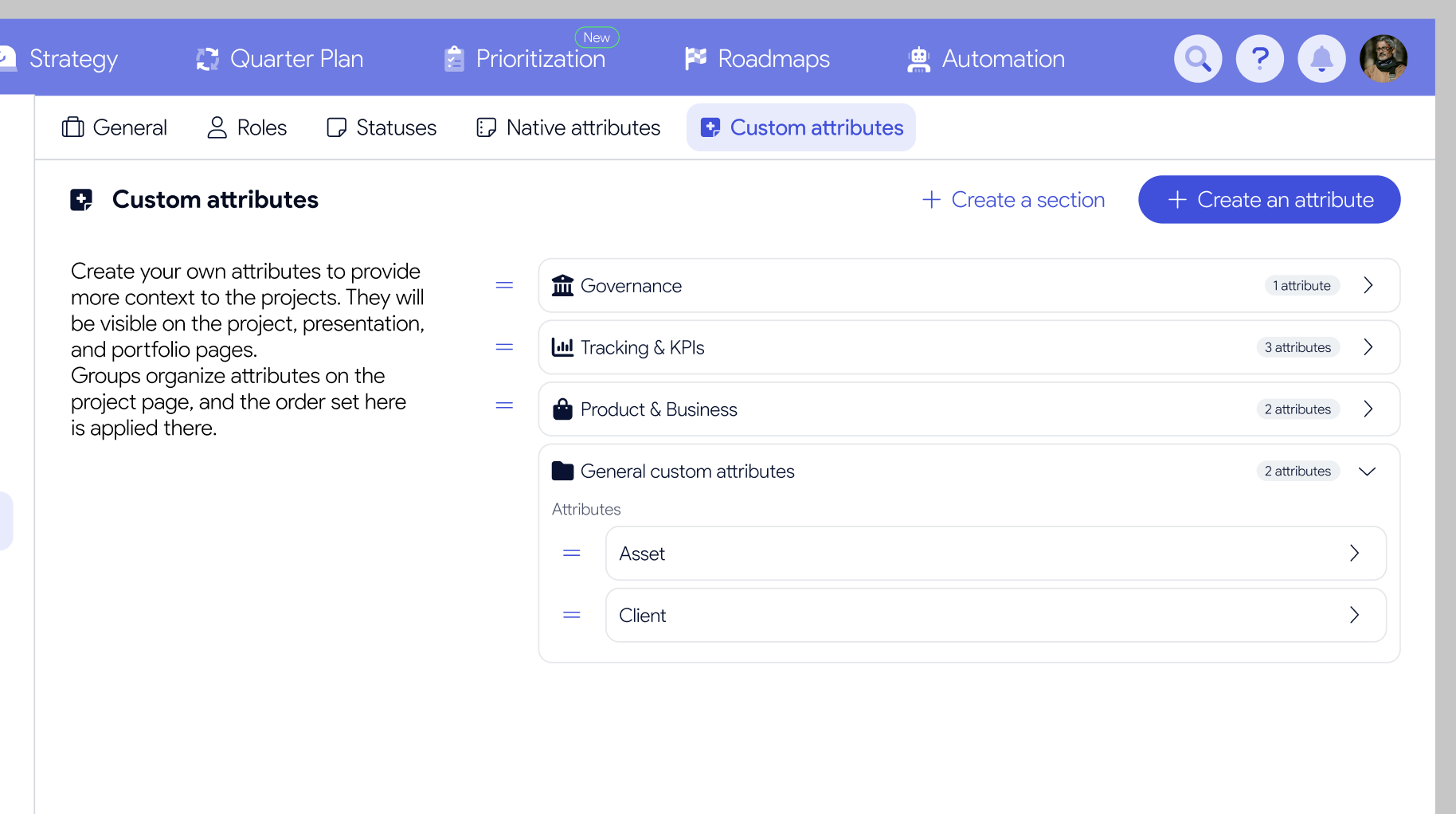 Paramètres AirSaas — organisation des sections d’une page projet