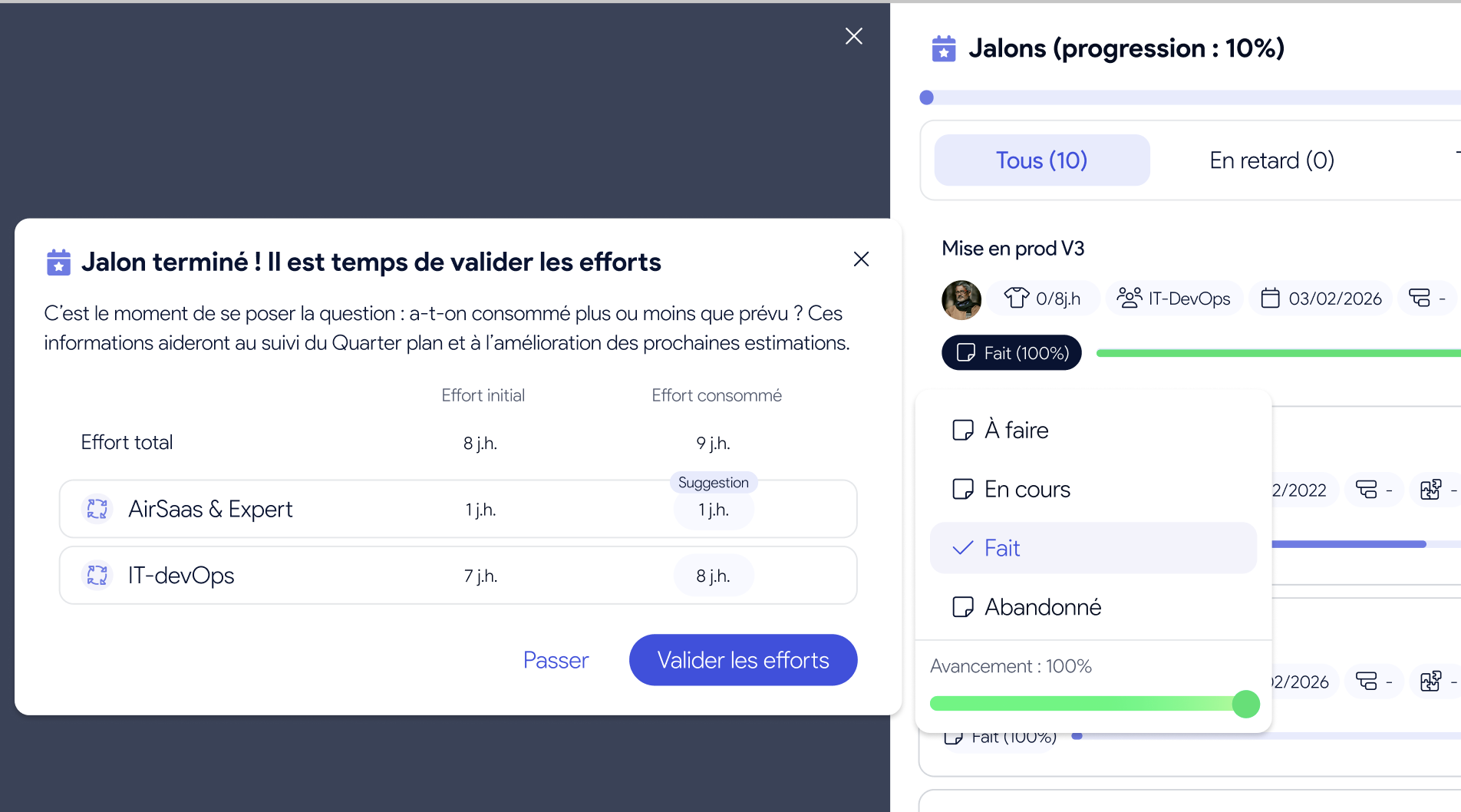 Page Quarter Plan AirSaas — suivi des efforts consommés pendant le quarter