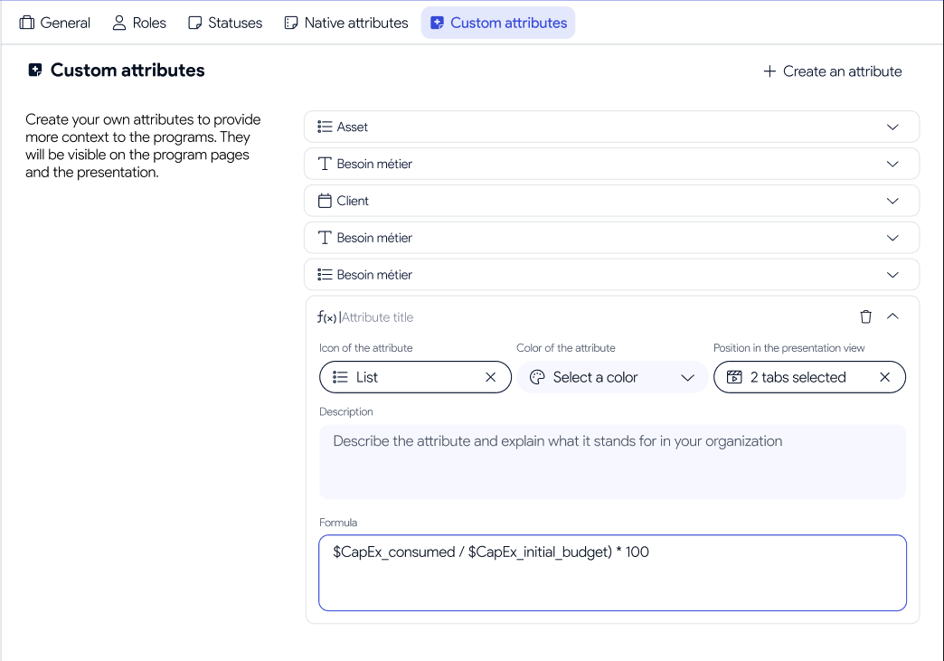Configuration AirSaas — formule d’un attribut de score