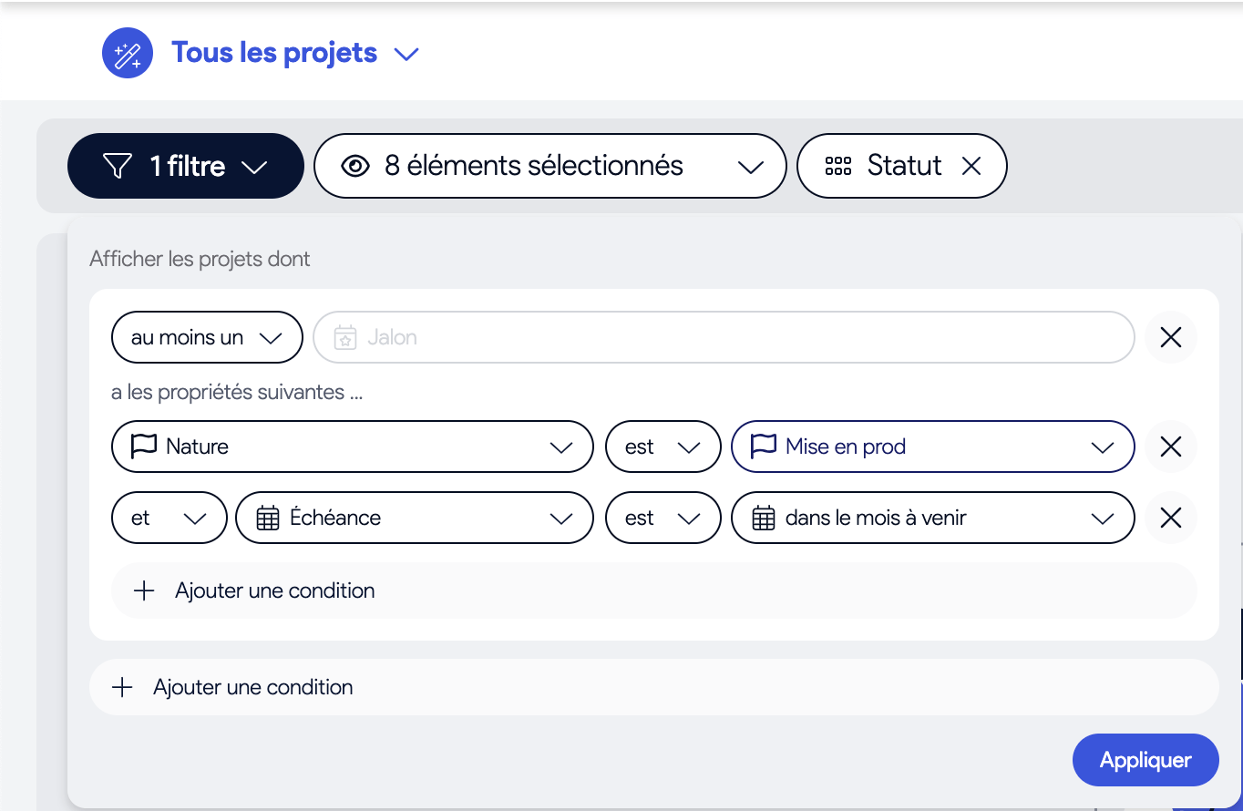Filtrage des projets du portfolio sur les attributs de leurs jalons