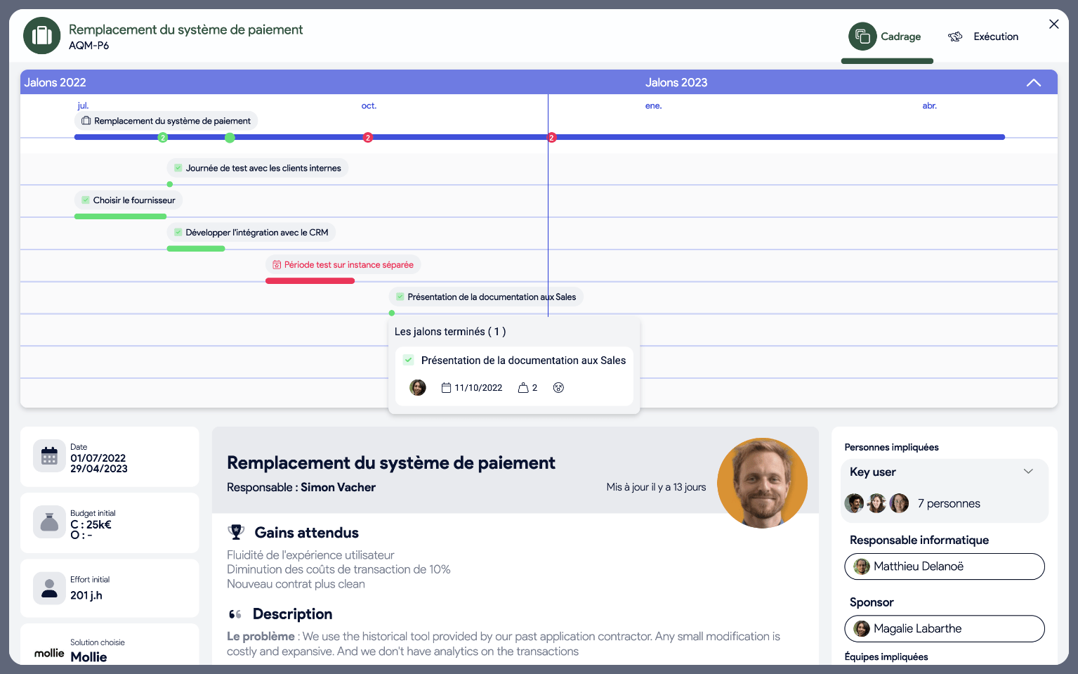 Vue éclatée des jalons dans la timeline pour mieux voir leur répartition dans le temps
