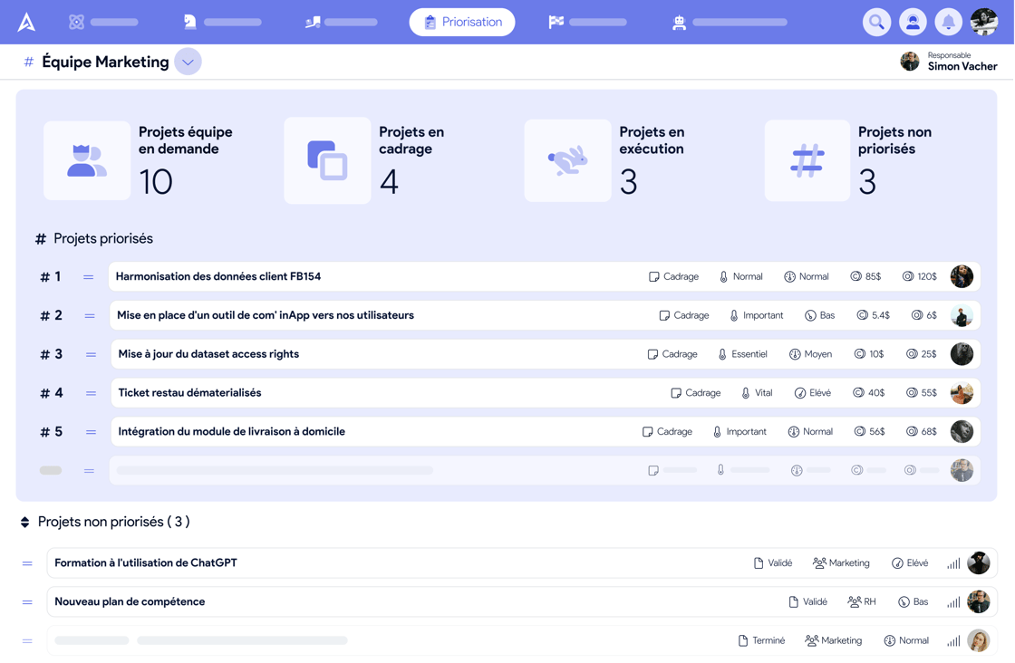 Aperçu de la page Priorisation sur AirSaas