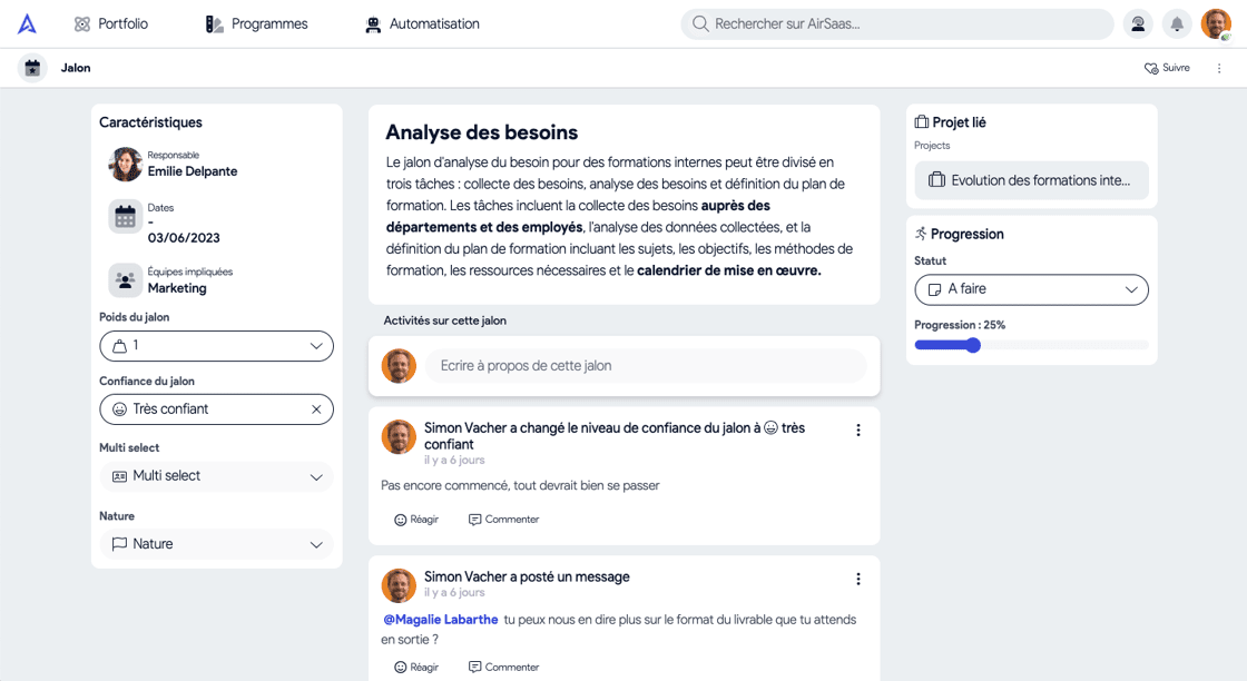 Les jalons ont aussi maintenant une page dédiée, avec notamment la possibilité d’ajouter une description pour donner plus de contexte et pouvoir échanger dans un fil de discussion dédié.