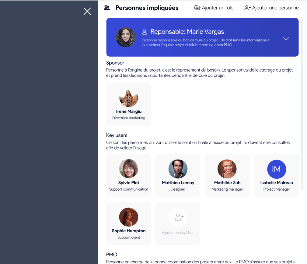 Vue de l’équipe projet avec les rôles et descriptions des personnes impliquées