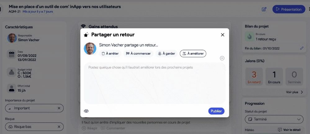 Les bilans de projet, en équipe et avec des indicateurs chiffrés