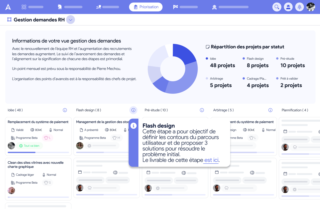 Capture d’écran de la page de gestion des demandes (request management) dans AirSaas