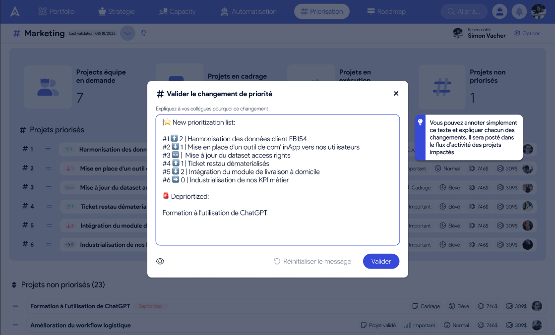 Capture AirSaas — post d’explication automatique du changement de priorité des projets