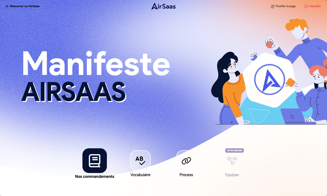 Capture d’écran des pages Manifeste dans AirSaas — commandements, vocabulaire et process projet