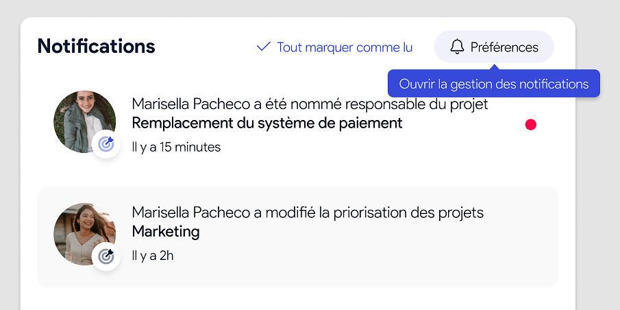Centre de notifications AirSaas avec le bouton « Préférences » et l’option « Ouvrir la gestion des notifications »