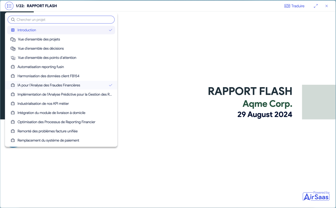 Mode présentation AirSaas avec le sommaire latéral des projets et une barre de recherche pour naviguer rapidement
