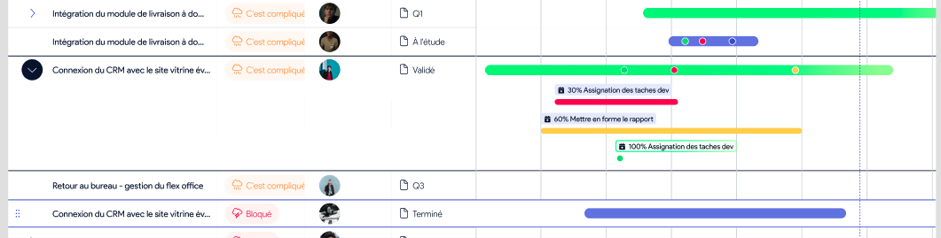 Expansion d’un projet pour afficher ses jalons directement sur la timeline