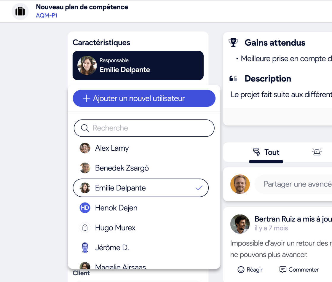 Ajout d’un utilisateur directement depuis un sélecteur de responsable projet dans AirSaas