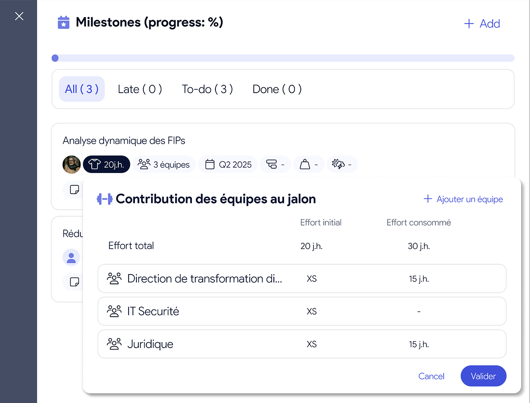 Capture produit AirSaas — les jalons sont à présent multi-team