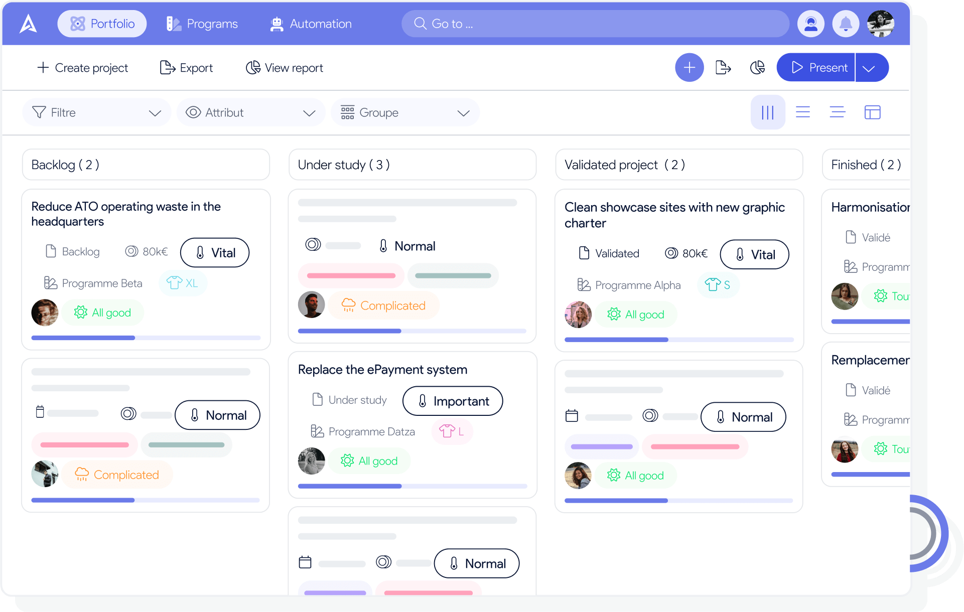 Cuadro de mando AirSaas — Vista Portfolio Kanban consolidada multidirección