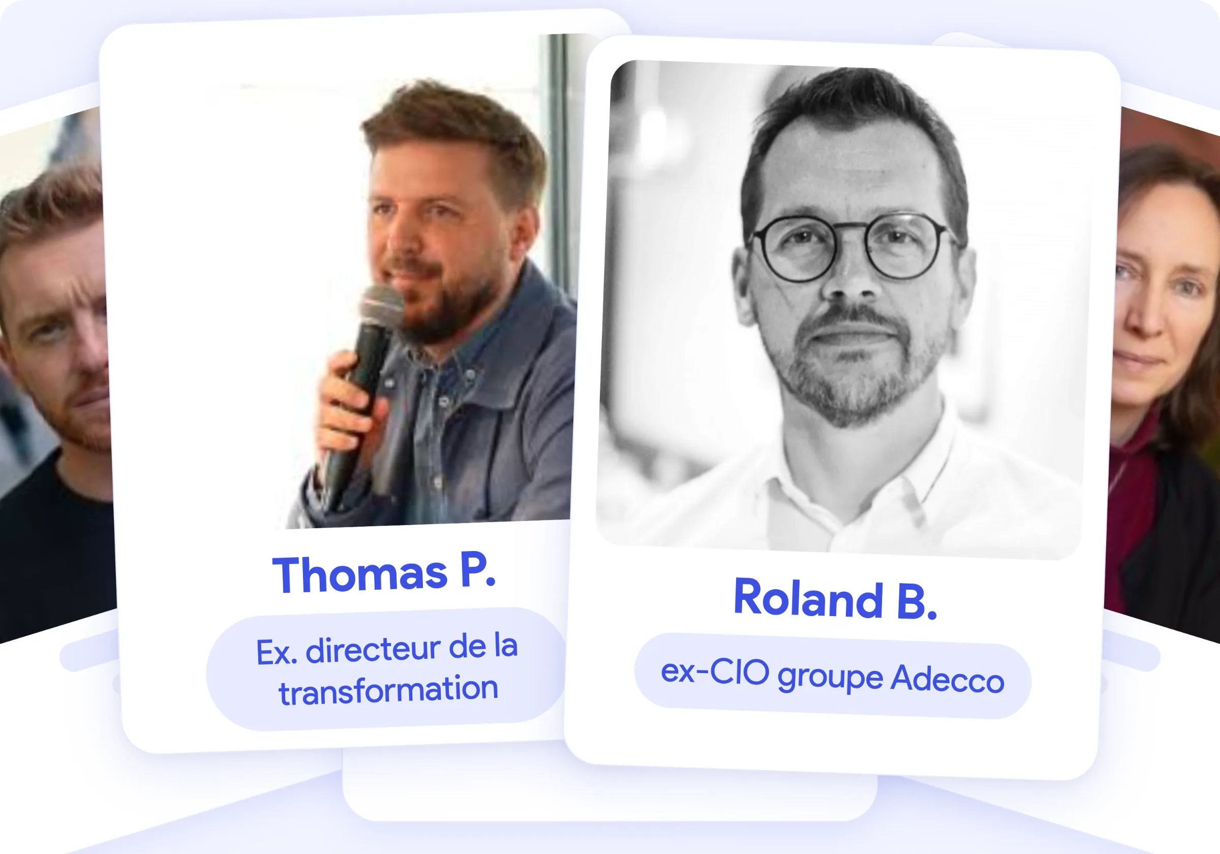 A stack of photo cards of the peers who support AirSaas rollouts: in the foreground Thomas P., former transformation director, and Roland B., former CIO of the Adecco group; two more faces appear partly on each side.