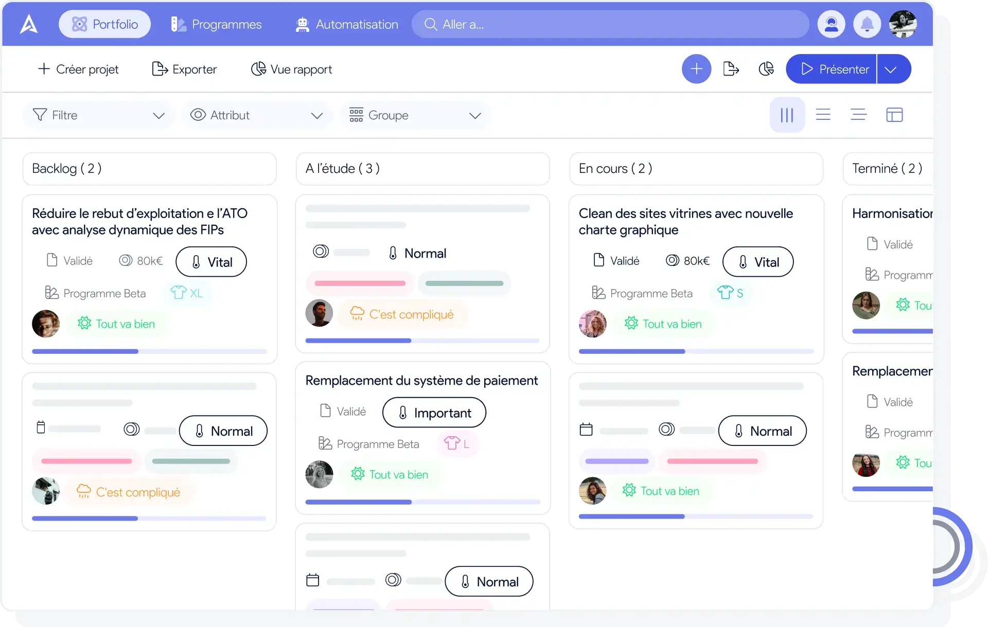Estado kanban de la cartera de proyectos