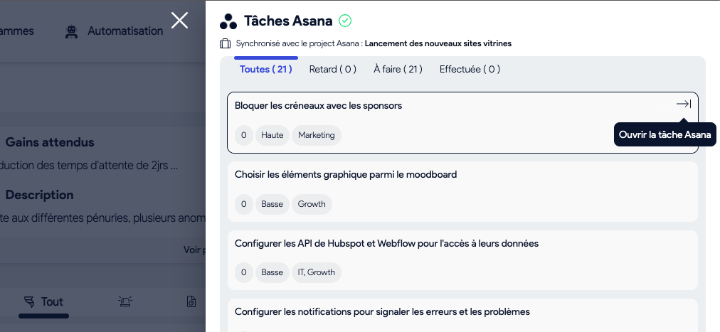 Vista de AirSaas sincronizada con Asana